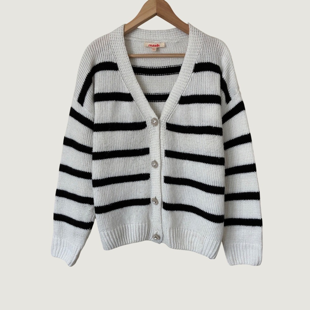 Mazik Striped Knit Cardigan White Black Rhinestone Button Sweater L Minimalist